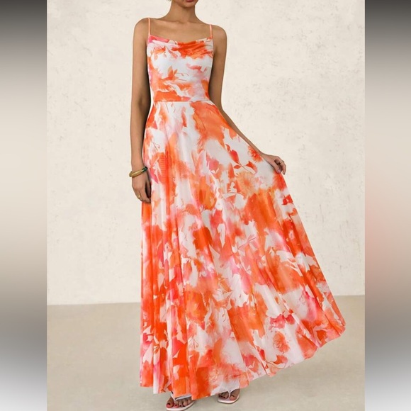 Elegant Orange and White Floral Maxi Dress - Picture 1 of 5